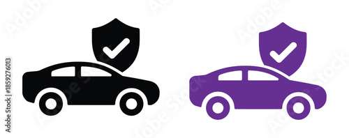 Vehicle insurance icons , Car with shield protection and check mark or tick symbol. Car protection and security icons with shield and checkmark. Vector illustration.