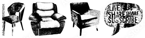 three armchairs and speech bubble with text