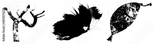 tree branch, ink splatter, leaf silhouette