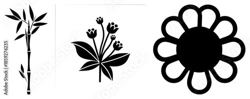 bamboo stalk with leaves tulip buds flower silhouette abstract design