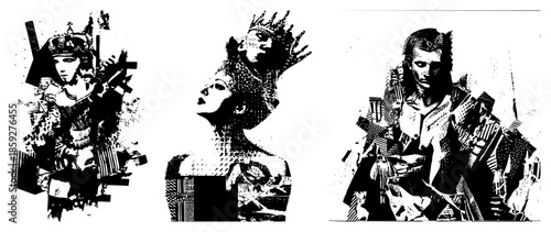 three stylized portraits with crown collage