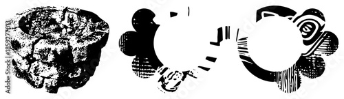 Three stylized tribal masks in black and white vector art