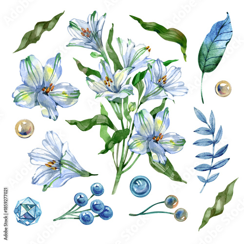 Watercolor botanical collection of blue alstroemeria lilies, green leaves, and decorative glass jewels. Hand-painted elements for luxurious floral arrangements and stationery.