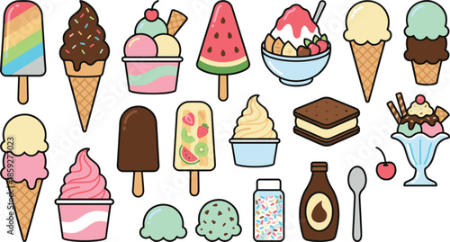 Summer Ice Cream and Popsicle Vector Set. Cute Pastel Ice Cream Seamless Pattern Background