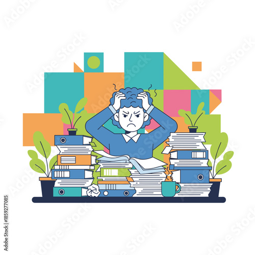 Overwhelmed worker stressed by huge paperwork piles Office burnout administrative chaos and deadline pressure concept