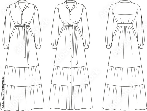 cad drawing flat vector illustration, long sleeve tiered maxi dress with waist belt, collar neckline, front buttons, fashion technical sketch design.