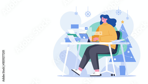 Focused woman working on a laptop at her desk surrounded by festive Christmas and winter decorations