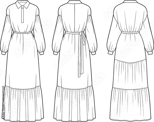 cad drawing flat vector illustration, long sleeve tiered maxi dress design with collar neckline, half placket front, belted waist, technical fashion sketch