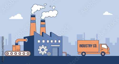 Flat vector illustration of factory production and logistics manufacturing building conveyor and delivery truck