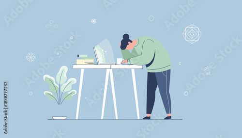 Stressed person slumps over their laptop illustrating professional burnout and mental fatigue