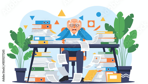Senior businessman overwhelmed by a chaotic desk piled high with paperwork and binders symbolizing burnout