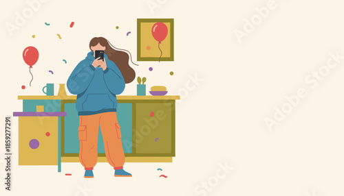Stylish woman capturing a joyful home celebration on her mobile phone Flat illustration with copy space