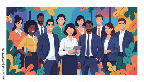 Global business team portrait Diverse professionals smiling showing unity success and collaboration in a vibrant office