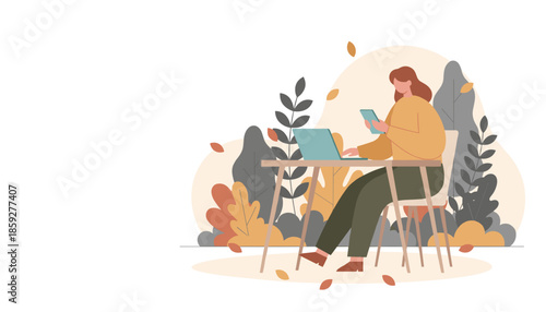 Woman using laptop and phone in a stylized outdoor autumn setting Remote work digital nomad concept