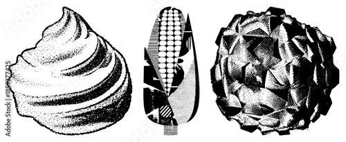 whipped cream corn cob artichoke halftone illustrations