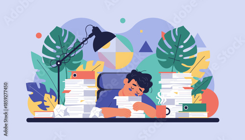 Overwhelmed employee sleeping on a desk surrounded by tall stacks of documents illustrating burnout and workload