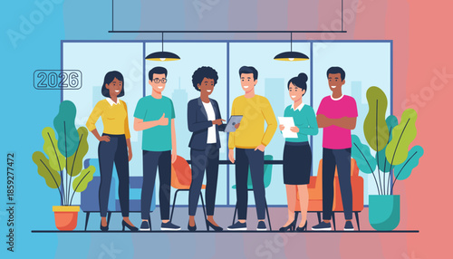 Diverse business team collaborating in a modern office planning strategies for the future concept 2026