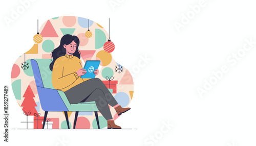 Woman relaxing in festive decor using a tablet for online holiday shopping or browsing the internet