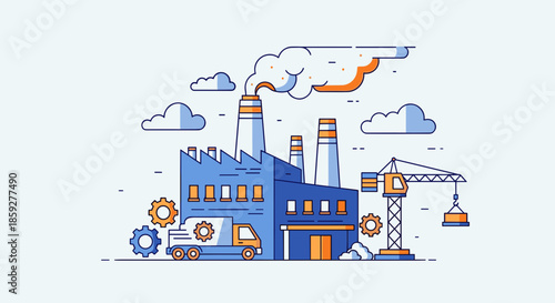 Industrial factory complex illustration featuring manufacturing smokestacks delivery truck and construction crane
