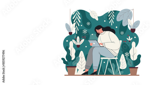 Tired woman remotely working on a laptop in a cozy plantfilled indoor setting flat vector illustration