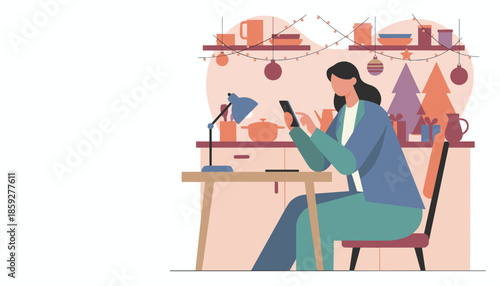 Woman using smartphone at a decorated home desk Holiday online communication shopping or remote work concept