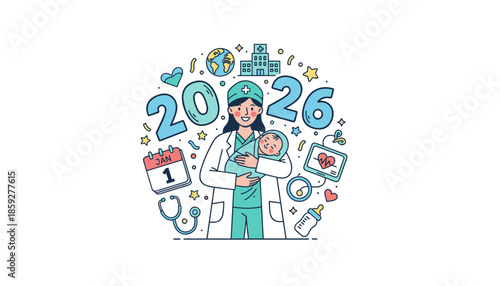 Healthcare worker welcomes a newborn baby on January 1 2026 Global medical celebration concept