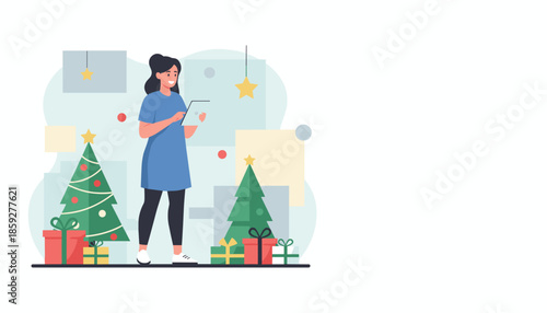 Woman using a tablet for Christmas shopping or holiday planning surrounded by festive trees and gifts