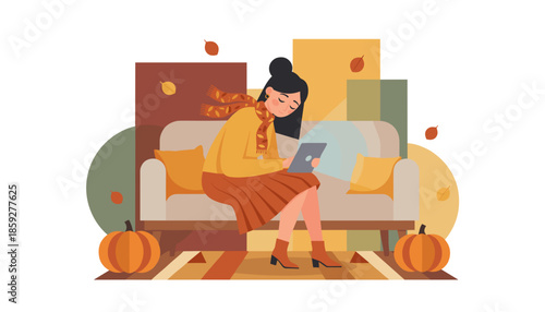 Woman enjoying cozy autumn indoor leisure reading or browsing on a digital tablet at home