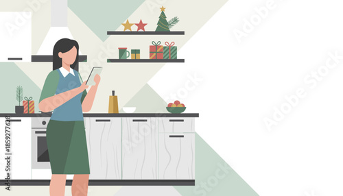 Woman using a mobile device in a festive kitchen suitable for smart home or holiday app ads Vector art