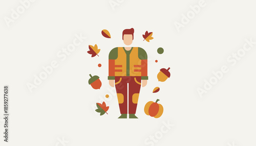 Flat design man surrounded by autumn elements pumpkin leaves and acorns Fall season harvest vector art