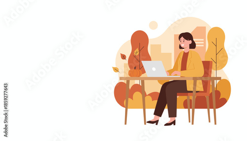 Professional woman uses laptop at an autumnal outdoor workspace Remote business concept