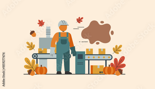 Worker managing logistics and production on a conveyor belt during the Autumn harvest season