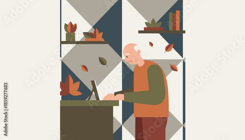 Lonely senior man at home desk reminiscing over a photo frame while autumn leaves fall representing aging and loss