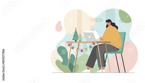 Woman works remotely on a laptop during the festive Christmas holiday season Home office vector