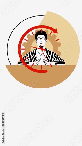 Minimal animation with clock arrow and professional character symbolizing time management, deadlines and efficiency. Ideal for business reels, productivity apps