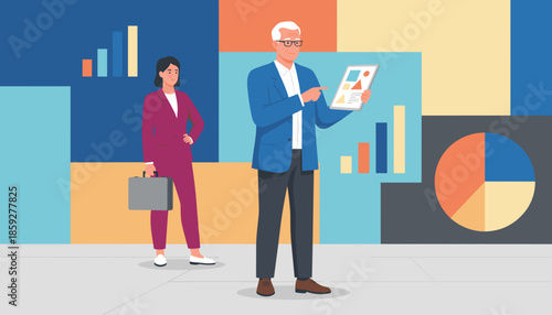 Executives analyzing data visualization on a tablet during a strategic business meeting