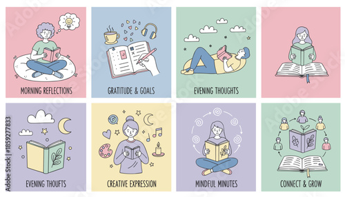 Selfcare routine illustrations mindfulness reading journaling reflection and personal growth concepts