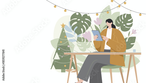 Woman uses tablet working remotely near a Christmas tree and tropical plants Holiday productivity illustration