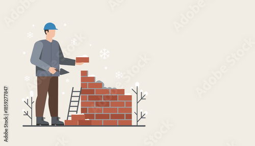 Mason building a brick wall in cold winter weather with snow falling Construction job illustration
