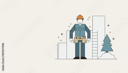Flat vector illustration of a construction worker in winter representing labor and industry themes