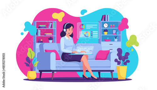 Businesswoman working remotely on a virtual laptop analyzing data during a video call in a colorful home office