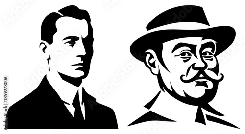 two men portraits black and white stylized