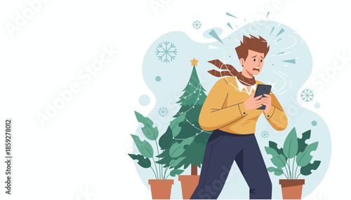 Shocked man checks his phone in a windy snowy holiday setting Urgent digital communication