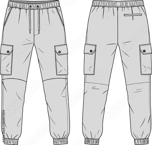 cad drawing flat vector illustration, men’s cargo jogger pants, elastic waist, side flap pockets, technical fashion design sketch
