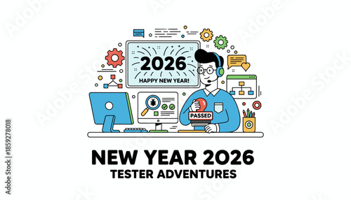 IT tester celebrates 2026 New Year confirming successful quality assurance testing results