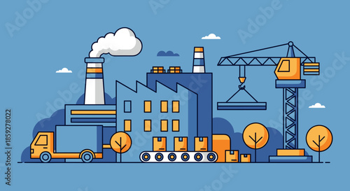 Manufacturing and logistics concept Factory crane truck conveyor belt and boxes Production illustration