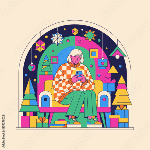 Person texting on phone in a bright abstract Christmas display with gifts and snow