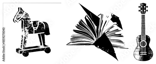 wooden horse book ukulele black and white vector