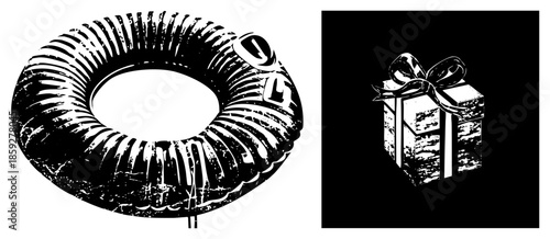 Two vector lifebuoy and gift box