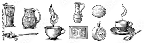 Vintage tea and cocktail set engraved vector illustration